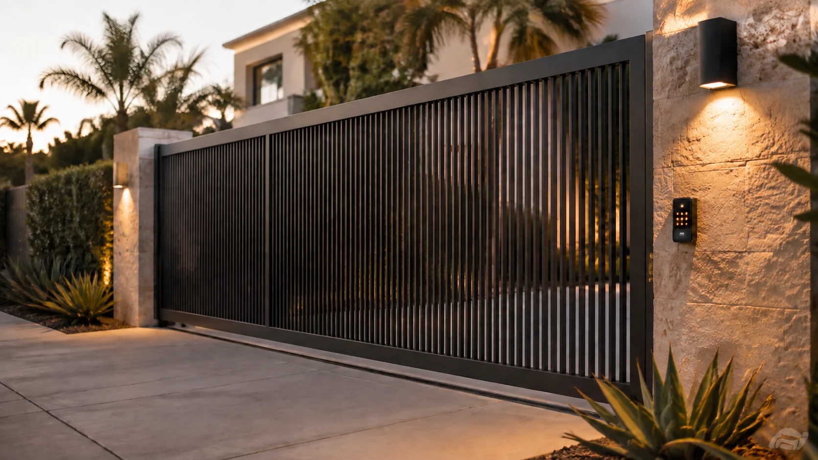 Illustration of a charcoal sliding driveway gate with stone pillars and a keypad at a Los Angeles style home.