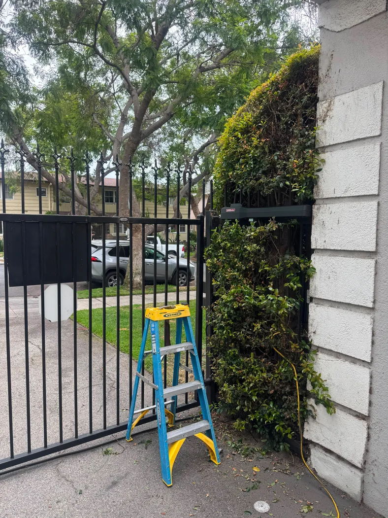 LiftMaster actuator attached to a black metal swing gate beside a hedge and a stepladder